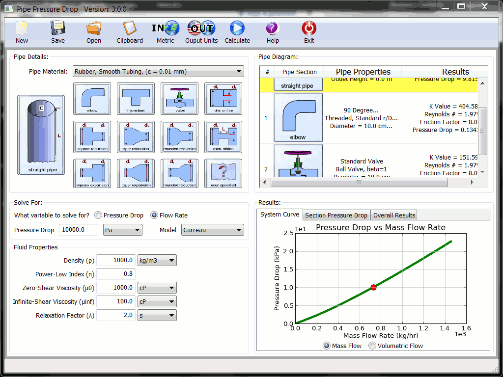 Pipe flow pressure drop and flow rate GUI